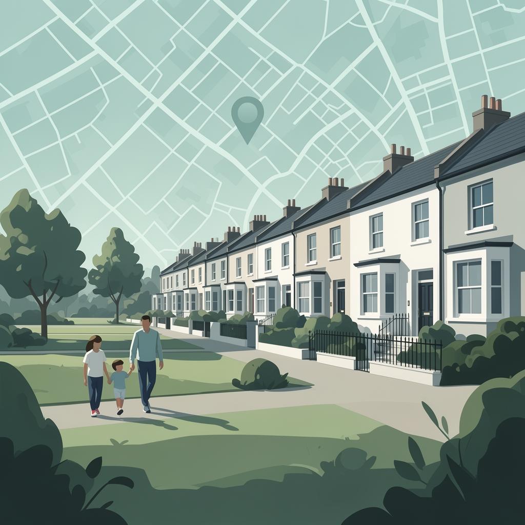 UK neighbourhood illustration with homes, parks and families